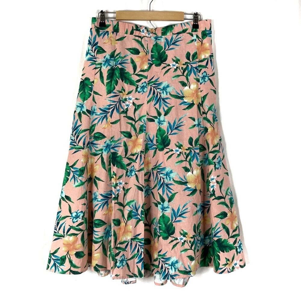 Woman Within Salmon Pink Tropical Floral Pattern A-Line Linen Rayon Skirt 2X